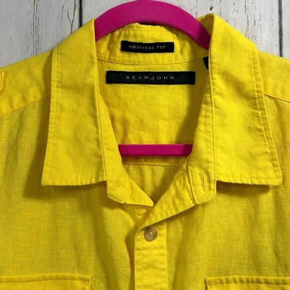 Sean John Shirt Mens Yellow Linen Blend Short Sleeve Logo Pocket Button Casual - Picture 2 of 13